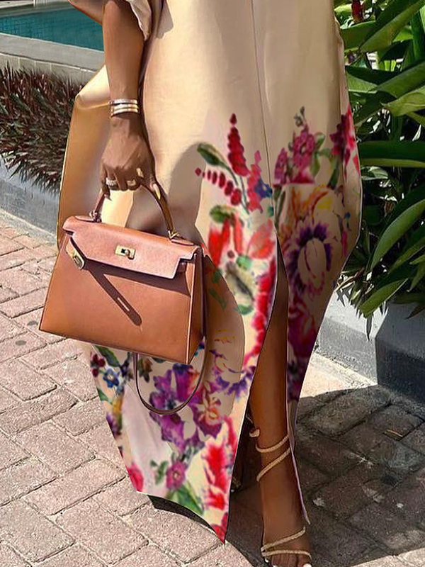 A-line Half Sleeves Elasticity Flower Print Split-front V-neck Maxi Dresses