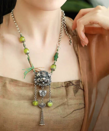 Green Sterling Silver Jade Tassel Lariat Necklace