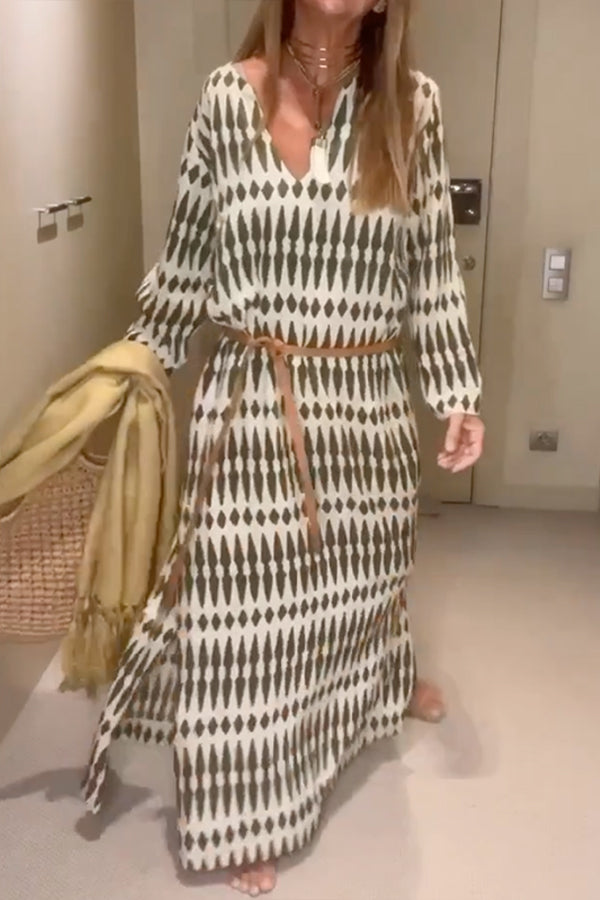 Loose Printed Long Sleeves Loose V-neck Maxi Dresses