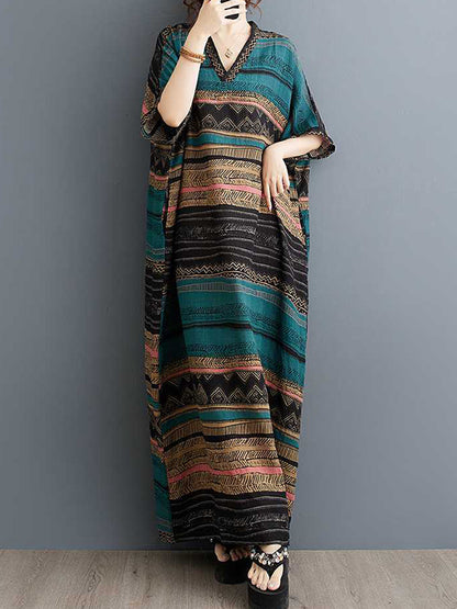 A-line Batwing Sleeves Split-joint Striped V-neck Maxi Dresses