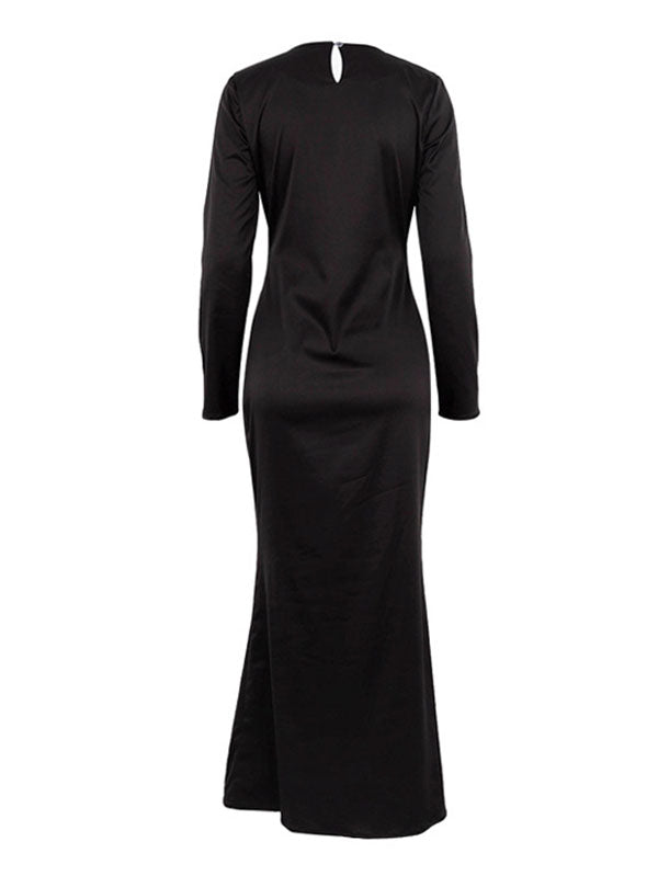 Loose Long Sleeves Color Round-neck Maxi Dresses