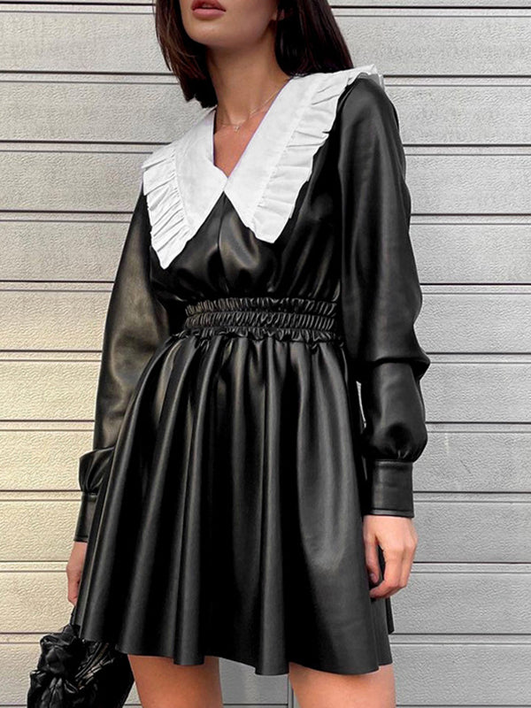 Loose Puff Sleeves Elasticity Pleated Split-joint Peter Pan Collar Mini Dresses