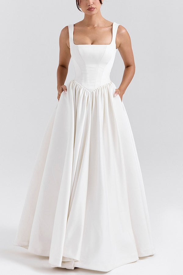 Wide Straps Corset Color Gowns Maxi Dresses-white