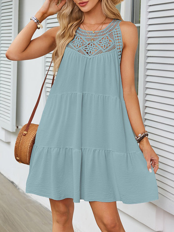 A-line Loose Hollow Pleated Color Split-joint Round-neck Mini Dresses