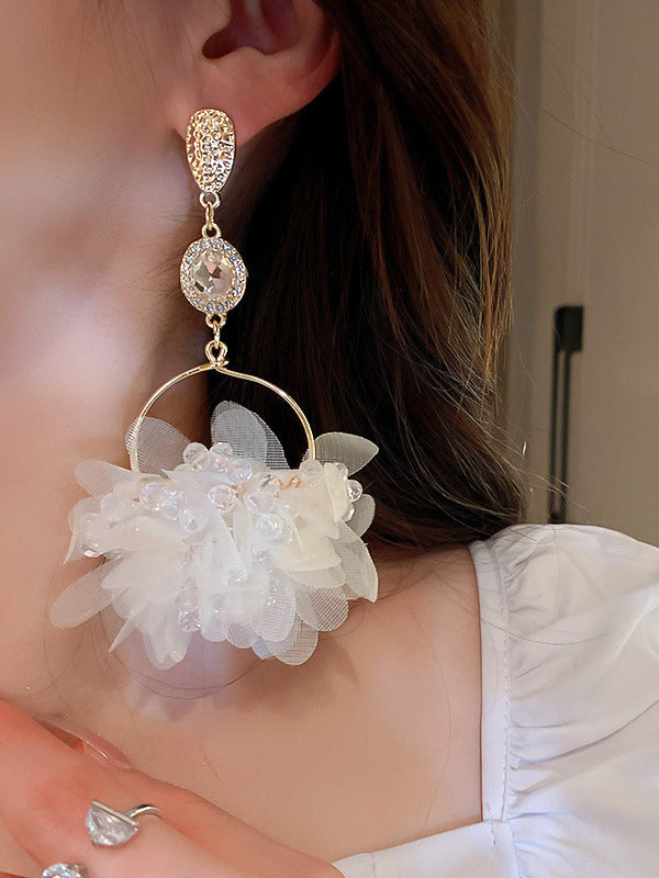 Flower Shape Geometric Rhine Stones Color Drop Earrings