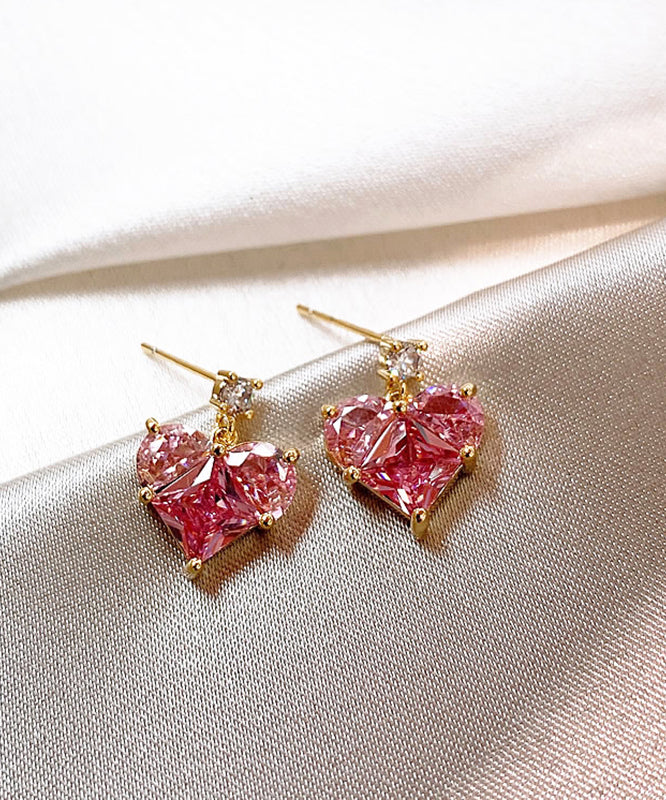 Pink Copper Alloy Love Crystal Stud Earrings