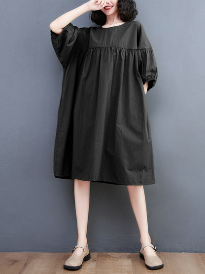 Loose Short Sleeves Color Round-neck Midi Dresses