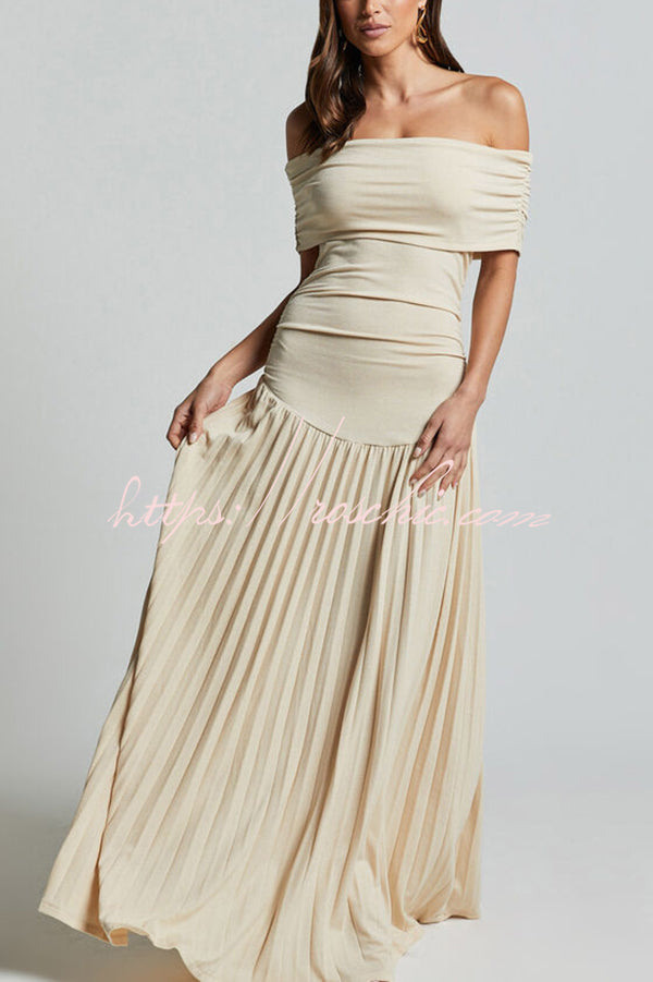 Off-shoulder Slim Fit Pleated Maxi Dress