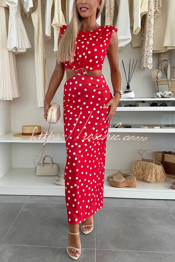 Roxane Polka Dot Print Shoulder Pad Metal Cutout Waist Slit Stretch Maxi Dress