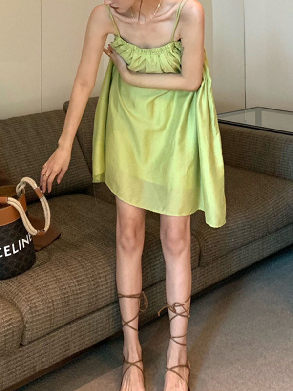 Loose Sleeveless Pleated Color Spaghetti-neck Mini Dresses Slip Dress
