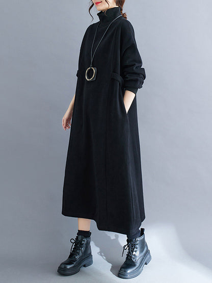 A-line Long Sleeves Color Mock Neck Midi Dresses