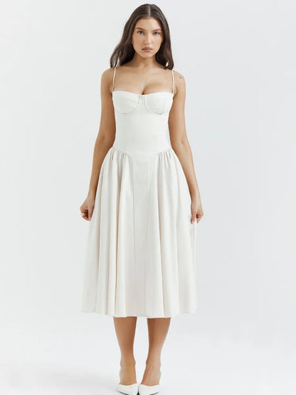 Spaghetti Strap Sleeveless A-line Midi Dress for Summer New Backless Pleated Slipdress Loose Dress