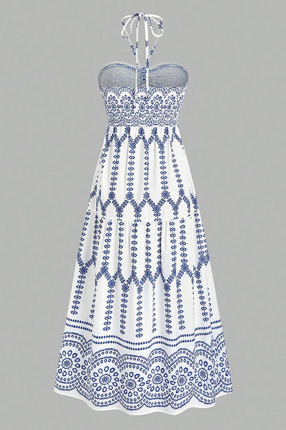 Holiday Style Unique Print Halter Neck Tie Slit Midi Dress