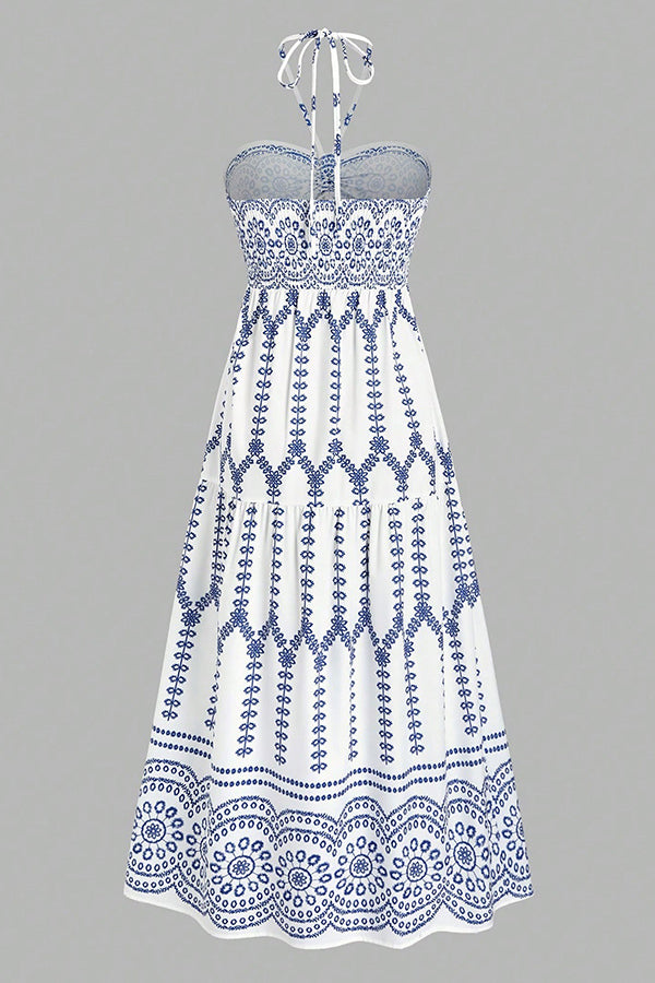 Holiday Style Unique Print Halter Neck Tie Slit Midi Dress
