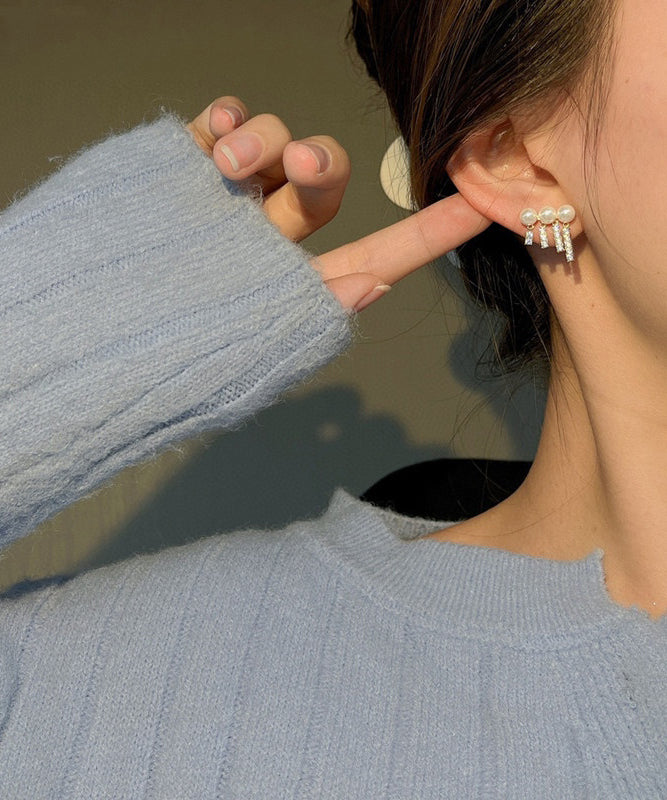 White Sterling Silver Overgild Pearl Zircon Tassel Drop Earrings