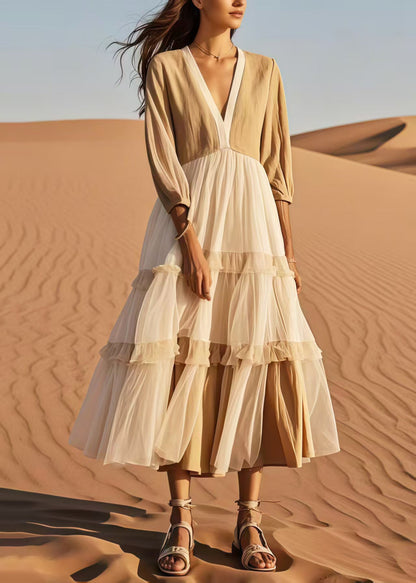 Khaki V Neck Patchwork Tulle Dress Bracelet Sleeve