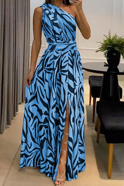 One Shoulder Sleeveless Printed Long Dress With Split Back