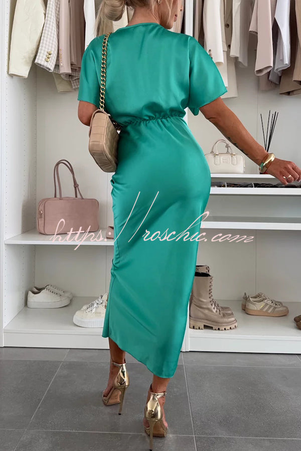 Satin Color V-neck Cross Knot Slim Maxi Dress