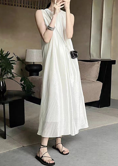 French Apricot O-neck Silk Long Dress Sleeveless Ee036