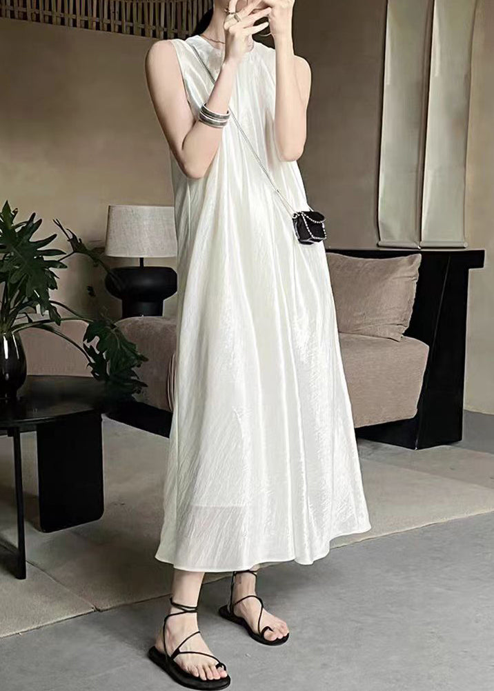 French Apricot O-neck Silk Long Dress Sleeveless Ee036