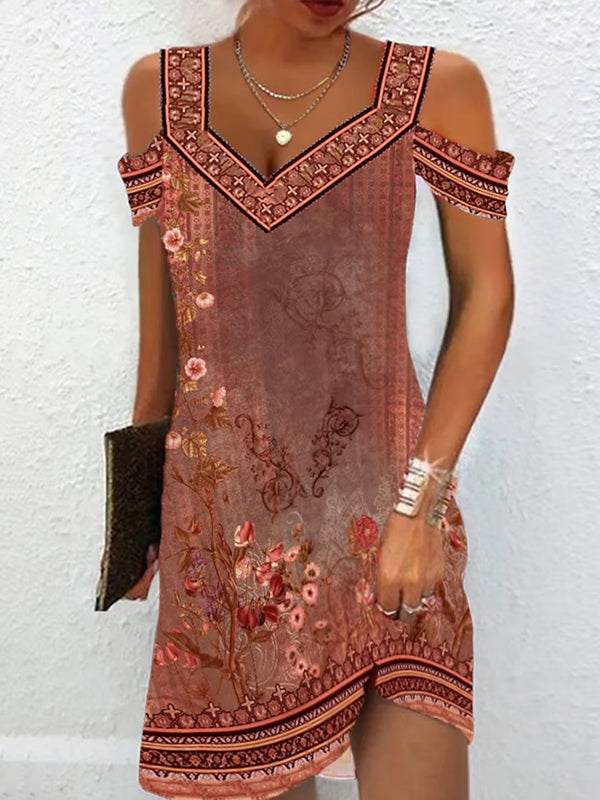 A-line High Waisted Flower Print Hollow Cold Shoulder Mini Dresses