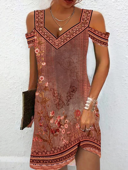 A-line High Waisted Flower Print Hollow Cold Shoulder Mini Dresses