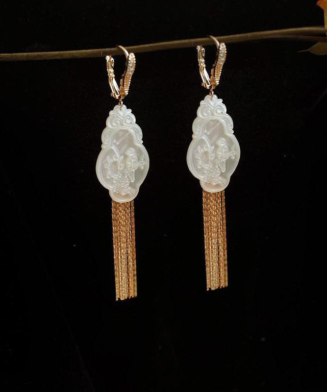 Style White Sterling Silver Bird Tassel Drop Earrings