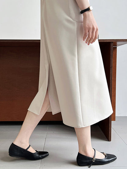 High Waisted Loose Pockets Color Split-back Zipper Round-neck Midi Dresses
