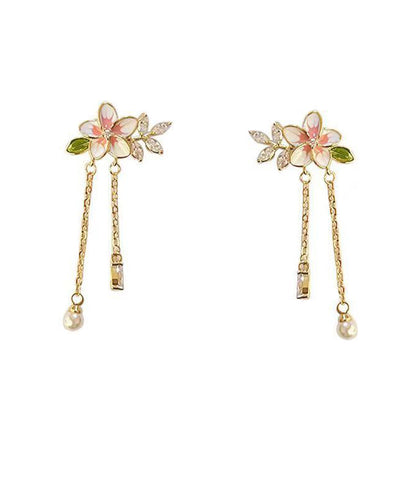 Gold Alloy Zircon Pearl Dripping Glaze Tassel Drop Earrings