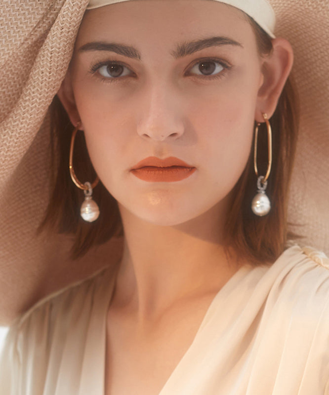 Gold Sterling Silver Alloy Zircon Pearl Hoop Earrings