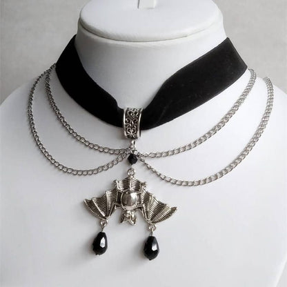 Gothic Enchantment: Crimson Velvet Choker With Midnight Bat Pendant