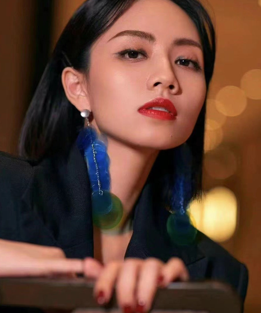 Blue Stainless Steel Round Sequin Tassel Drop Earrings