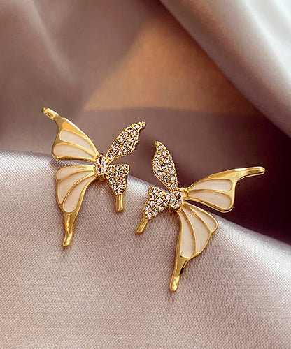Gold Copper Alloy Zircon Butterfly Stud Earrings