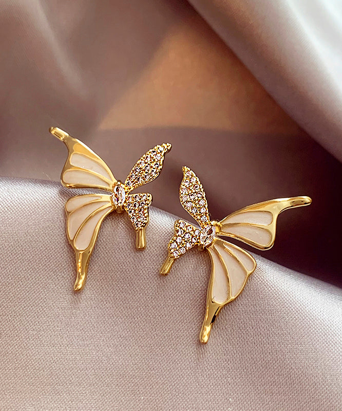 Gold Copper Alloy Zircon Butterfly Stud Earrings