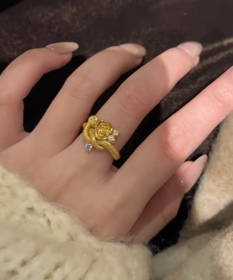 Unique Gold Sterling Silver Overgild Zircon Rose and Snake Rings