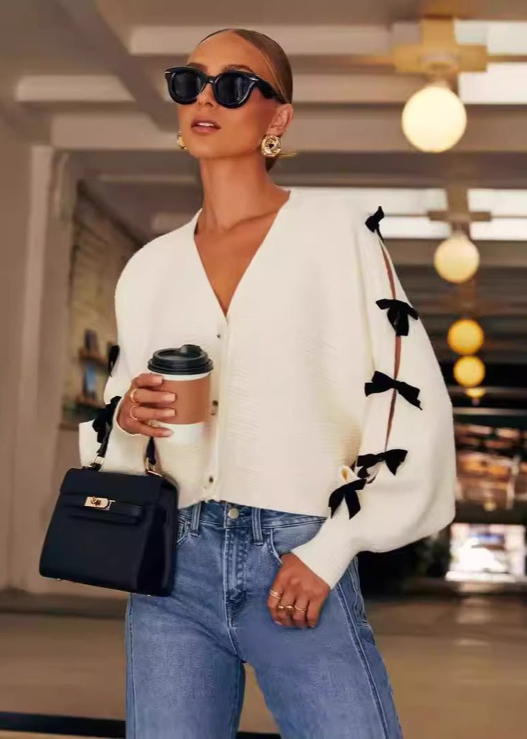 V-neck Knit Cardigan With Bow Accents