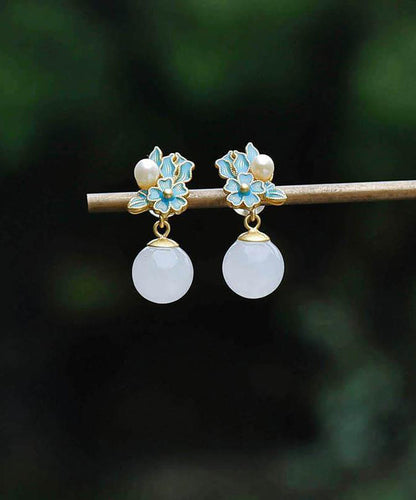Chinese Style Blue Ancient Gold Jade Pearl Drop Earrings