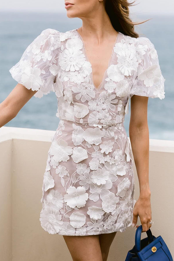 Garden Gala Embroidered Applique Puff Sleeve Mini Dress
