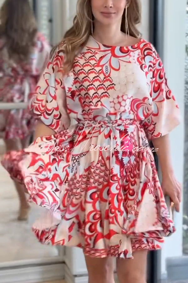 Unique Printed Round Neck Short Sleeve Waist Tie Vacation Mini Dress