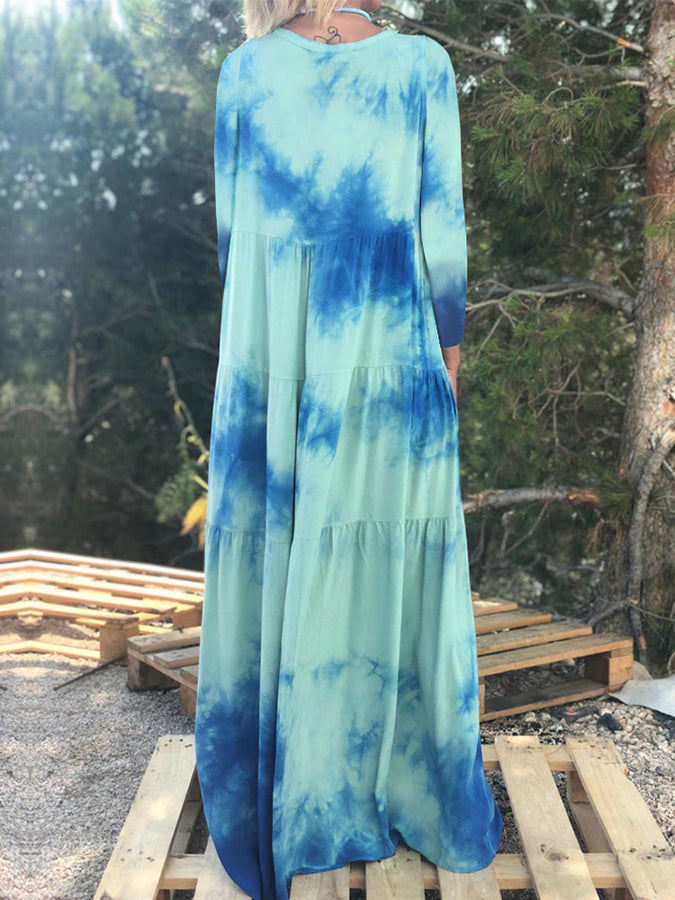 Long Sleeves V Neck Tie-dyed Maxi Dress