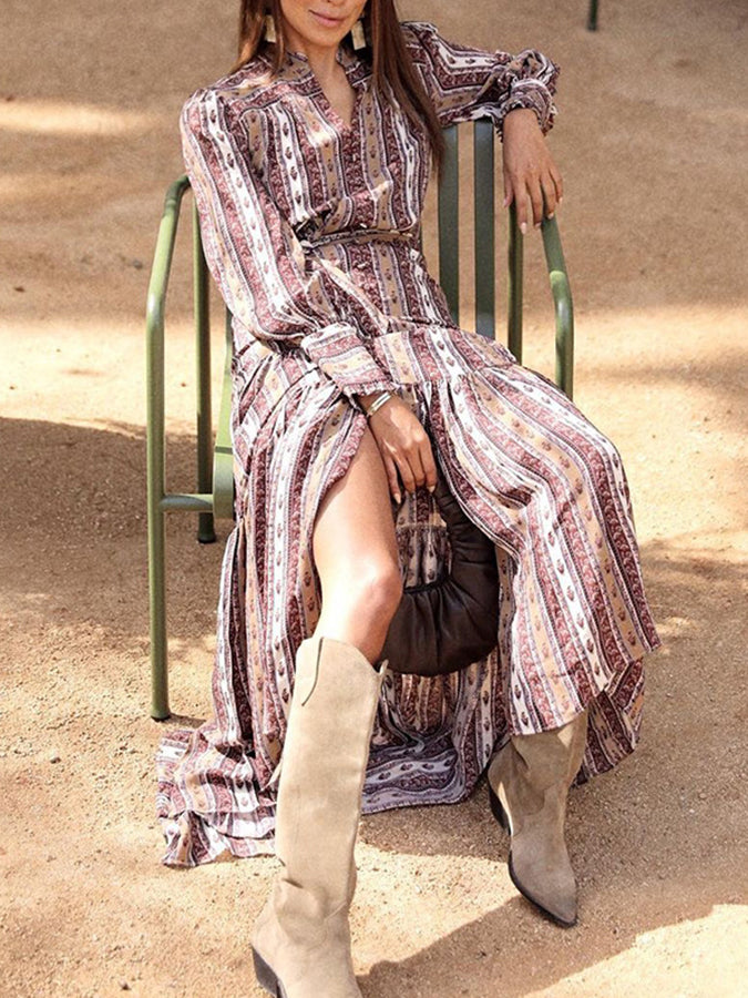 Long Sleeves Geometric Printed Maxi Dress