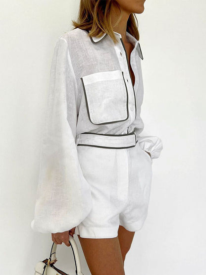 White Long Sleeves Blouses and Shorts Two Pieces Sets