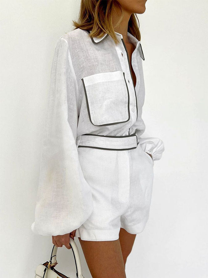 White Long Sleeves Blouses and Shorts Two Pieces Sets