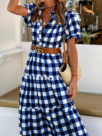 Plaid Short Sleeves Shirt Collar Maxi Dress Without Belt