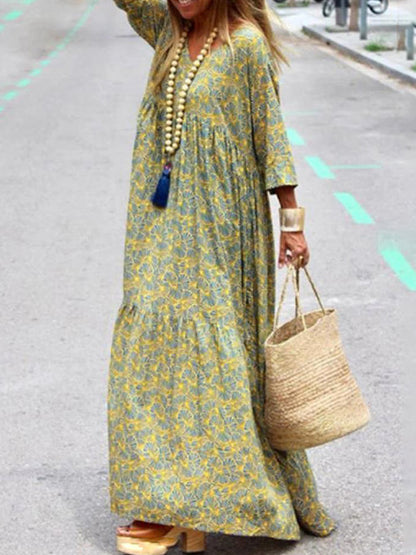 Long Sleeves Printed V Neck Maxi Dress