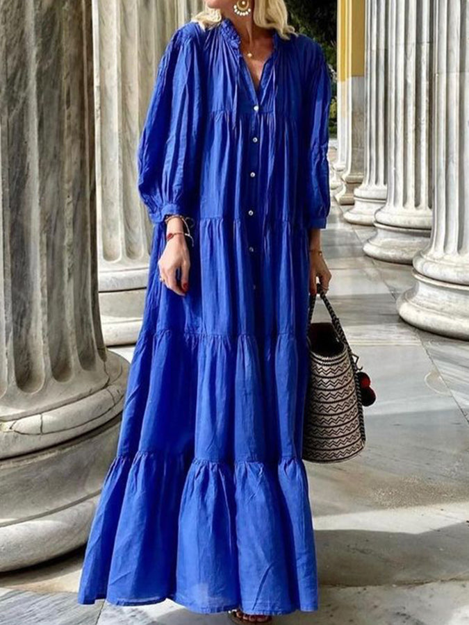 V Neck Long Sleeves Buttoned Maxi Dress