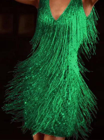 V Neck Sleeveless Fringed Mini Dress
