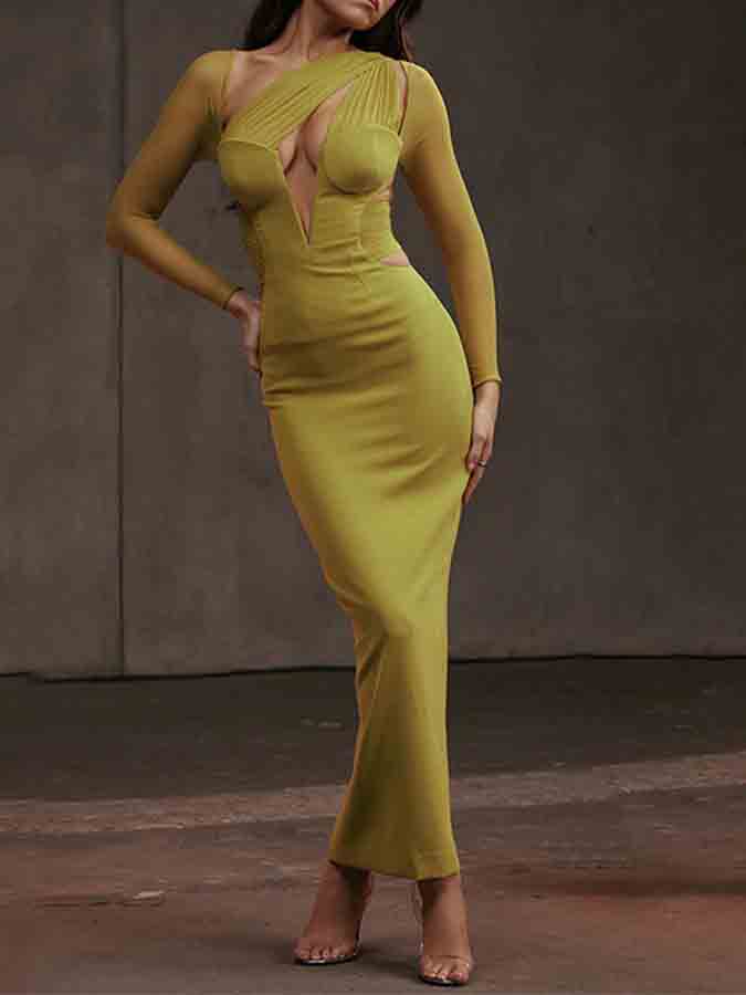 Long-sleeved Mesh Spliced v-neck Slim Long Dress