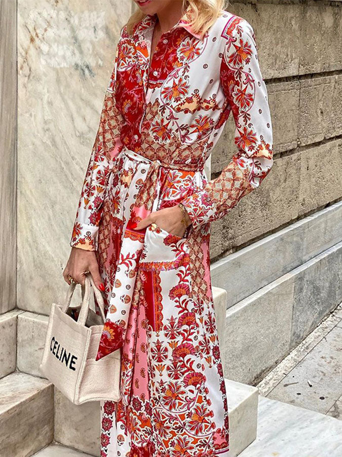 Red Long Sleeves Printed Lace-up Maxi Dress