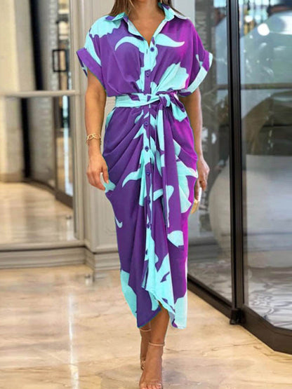 Printed Short Sleeves High Waist Shirt Maxi Dress